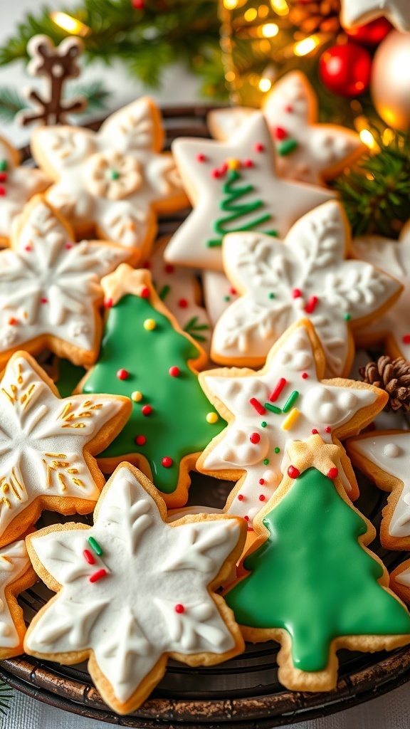 A variety of decorated Christmas sugar cookies in festive shapes on a holiday-themed table.